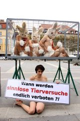 3 nackte TierschützerInnen am Neuen Platz in Klagenfurt als Versuchstiere im Laborkäfig