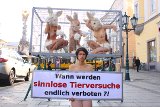 Nackte TierschützerInnen im Tierversuchskäfig am Linzer Hauptplatz fordern Versuchstier-Ombudsschaft