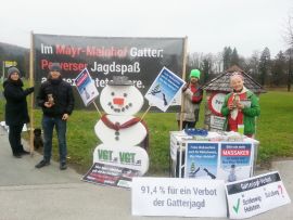 Gruppe von AktivistInnen mit Schneemann-Schablone und Bannern