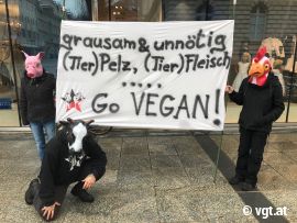 Aktivist_innen mit Tiermasken und Banner