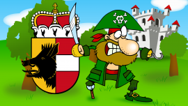 Drohender Pirat vor Salzburger Landswappen mit Wildschwein und Burg