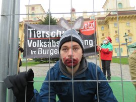 Aktivist:in als verletztes Reh hinter einem Zaun