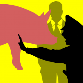 Silhouetten eines Polizisten, eines Schweines und eines Anzugträgers