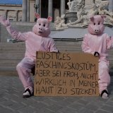 Zum Faschingsdienstag vor Parlament: lustiges Schweinekostüm mit ernstem Hintergrund