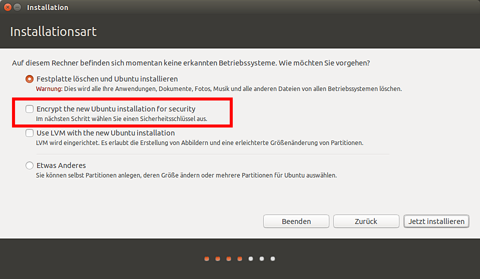LUKS Verschlüsselung beim Installieren auswählen