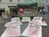 Nackte Menschen als Delikatessen in Fleischtassen am Riemerplatz