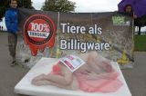 Nackte Menschen als Delikatessen in Fleischtassen in Bregenz am Hafen