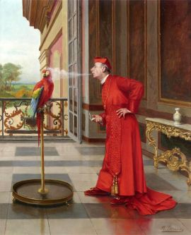 Ein Geistlicher bläst auf einem gemälde einem Papagei Rauch ins Gesicht
