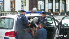 Aktivist wird ins Polizeiauto geschoben