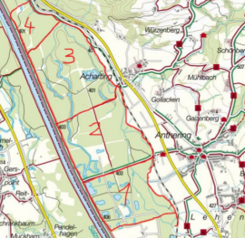 Karte, auf der die verschiedenen Abschnitte des Jagdgatters eingezeichnet sind.