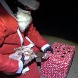 Der Weihnachtsman zeigt einem Huhn eine Geschenkbox mit Luftlöchern, die als Fluchtvehikel dienen soll.