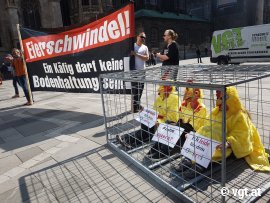 Aktivist_innen mit Banner und in Kostümen im Käfig am Stephansplatz