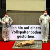VGT präsentiert am Vollspaltenboden gestorbenes Schwein vor Landwirtschaftsministerium