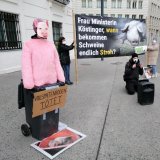 Tierschützer:innen als Schweine in Mülltonne und -sack vor dem Bundeskanzleramt