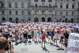 Aktivist:innen halten Potestschilder am Hauptplatz in Graz