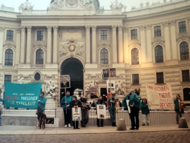 Aktivist:innen mit verschiedenen Schildern und Bannern am Michaelerplatz in Wien