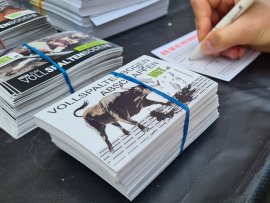 Passant:innen unterschreiben für die Rinder