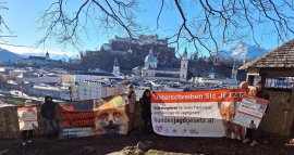 Tierschutzkundgebung vor einem Salzburg-Panorama