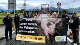 Die Aktivist:innen halten ein Banner für Schweine