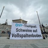Großtransparent auf 6 m Dreibeinen vor Parlament: ÖVP verweigert Schweinen Stroh!